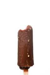 A closeup levitation picture of bitten coco bar ice cream with vanilla flavour on isolated white background