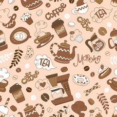 Coffee pot and coffee cup. Hot drink mug. Coffee machine. Sweet pastries: cupcake, donuts, muffin, croissant, macaroon. Lettering set. Seamless vector pattern (background). 