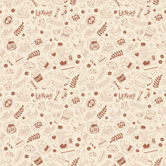Coffee pot and coffee cup. Hot drink mug. Coffee machine. Sweet pastries: cupcake, donuts, muffin, croissant, macaroon. Lettering set. Seamless vector pattern (background). 