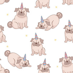 Cute pug puppy. Dog unicorn. Magic cartoon animal. Seamless vector pattern (background). Children print. Stars. 