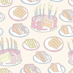 Birthday cake. Cake with candles. Piece of cake. Seamless vector pattern (background). Festive print.