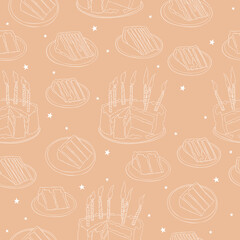 Birthday cake. Cake with candles. Piece of cake. Seamless vector pattern (background). Festive print.