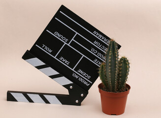 Movie clapper board and cactus on beige background. Cinema industry, entertainment