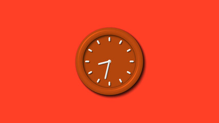 New brown color 3d wall clock isolated on red background,12 hours clock isolated