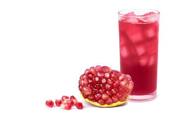 Ripe pomegranate seeds with glass of red juice isolated on white background. Closeup. 