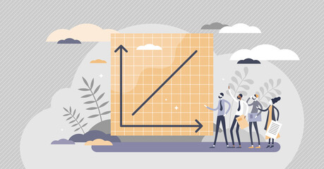 Progress graphic with success and growth rate on axis chart tiny persons concept. Development and improvement increase over evolution vector illustration. Business or job career upward direction scene