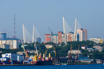 Summer, 2016 - Vladivostok, Russia - Vladivostok Marine Facade. Commercial seaport from the sea side.