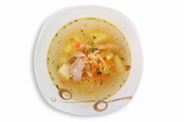 Homemade vegetable soup with chicken meat