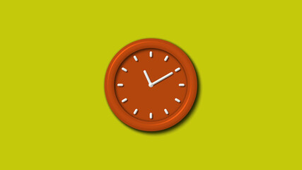 New brown color 12 hours 3d wall clock on yellow background,clock