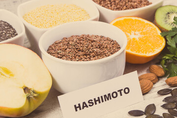 Inscription hashimoto with products and ingredients as source vitamins for healthy thyroid
