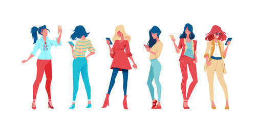 Group of trendy and business people are standing with phone in their hand. Set of fashion people on an isolated background. Flat vector illustration