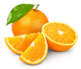 Whole and cut orange on white background. Organic orange isolated on white background. Taste orange with leaf. Full depth of field with clipping path