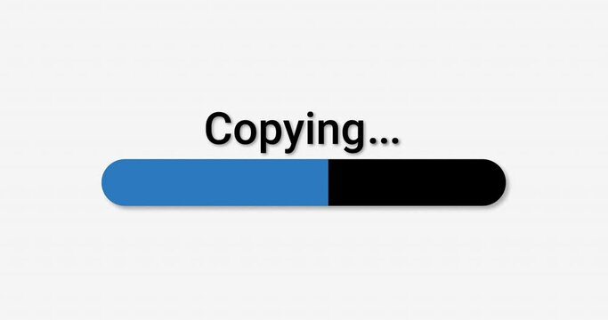 Copying progress bar computer screen animation loop isolated on white background with blue progress indicator loading in 4K
