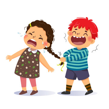 Vector illustration cartoon of a naughty boy pulling the pigtail of a  little girl. Bullying in school concept. Stock Vector | Adobe Stock
