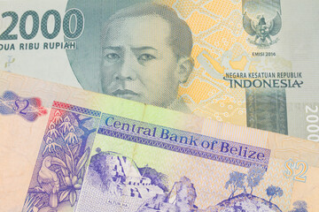 Fototapeta premium A macro image of a grey two thousand Indonesian rupiah bank note paired up with a colorful two dollar bill from Belize. Shot close up in macro.