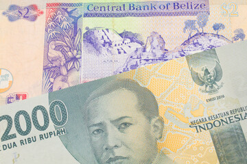 A macro image of a grey two thousand Indonesian rupiah bank note paired up with a colorful two dollar bill from Belize.  Shot close up in macro.