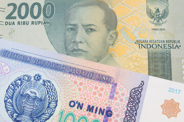 A macro image of a grey two thousand Indonesian rupiah bank note paired up with a blue, white and green ten thousand som note from Uzbekistan.  Shot close up in macro.