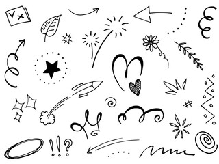 Abstract arrows, ribbons, hearts, stars, crowns and other elements in a hand drawn style for concept designs. Scribble illustration. Vector illustration.