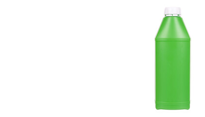 Green plastic container with engine oil. Anti fungus detergent for bacthroom. Isolated on white...