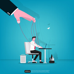 Big hand controls puppet businessman in his working activity vector illustration.
