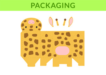 DIY party favor box for birthdays, baby showers with cute giraffe for sweets, candies, small presents, bakery. Retail box blueprint template. Print, cutout, fold, glue. Vector stock illustration