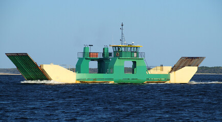 Fraser island Car Ferry Barge in transit. Inskip Point, Australia