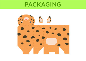 Adorable DIY party favor box for birthdays, baby showers with cute lynx for sweets, candies, small presents, bakery. Retail box blueprint template. Print, cutout, fold, glue. Vector stock illustration