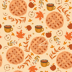 Seamless pattern with apple pie, apples and mugs. Autumn mood. Vector graphics.