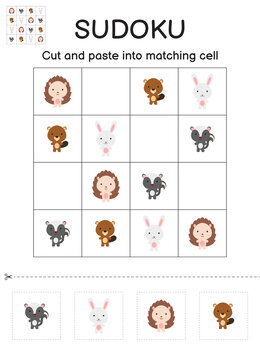 Sudoku game for children with pictures. Kids activity sheet. Matching game for children with cute forest animals. Education developing worksheet. Logical thinking training. Vector stock illustration.