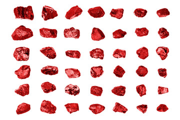 Red gem stones white background isolated closeup, ruby gemstones set, raw shiny garnet collection, rough natural rocks nuggets texture, precious brilliant crystals, mineral samples, jewelry production