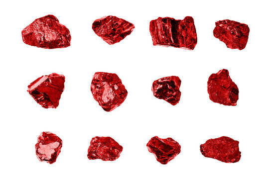 Red gem stones white background isolated closeup, ruby gemstones set, raw shiny garnet collection, rough natural rocks nuggets texture, precious brilliant crystals, mineral samples, jewelry production