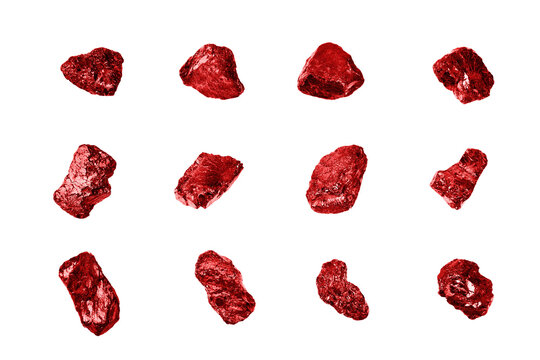 Red gem stones white background isolated closeup, ruby gemstones set, raw shiny garnet collection, rough natural rocks nuggets texture, precious brilliant crystals, mineral samples, jewelry production