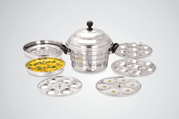 Multi Kadai Induction & Standard Idli Maker, breakfast dish in South India, square composition, stainless steel, idli or dokala, khaman, maker with plain plate. maker,  pressure cooker