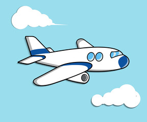 Image of white cartoon airplane and white cloud. Isolated on blue background. Vector illustration, editable eps 10.