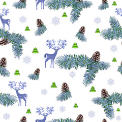 Pine branches with cones on a white background with Christmas trees and deer. Textile composition, template for design print, fabric, wallpaper and box.