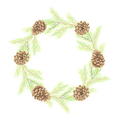 watercolor minimal christmas pine leaf and cone wreath frame with copy space