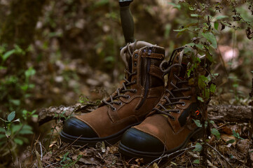 hiking boots in the woods