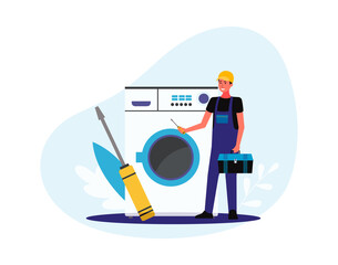 Obraz na płótnie Canvas Tiny repairman or home appliances technician flat vector illustration isolated.