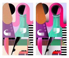 Two fashionable women talking with each other. Modern art vector illustration.