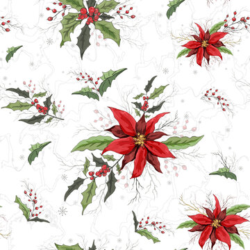 Seamless floral winter pattern. realistic holiday flowers from poinsettia,  Holly. modern hand-drawn Wallpaper in the style of realism. Vector illustration for Wallpaper, paper. vintage style