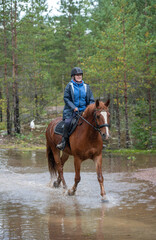Woman horseback riding in water 