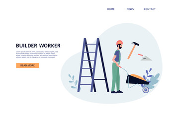 Cartoon builder man with construction tools - website banner template