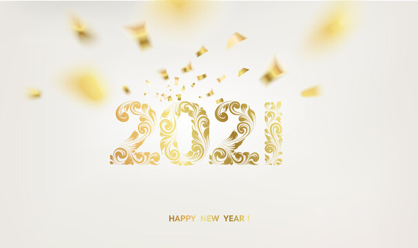 Happy new year card over gray background with golden confetti. Happy new year 2020. Holiday card. Template for your design. Vector illustration.