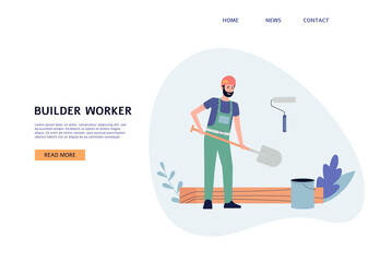 Builder services website with character of working man flat vector illustration.