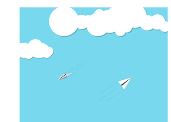 Two airplanes paper flying between clouds, isolated on a blue sky background. concept for background. Vector illustration eps 10.