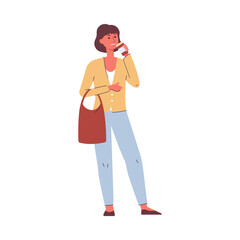 Business woman drinking coffee from paper cup flat vector illustration isolated.
