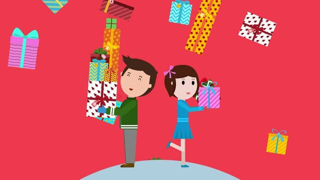 Animation footage of two excited kids on Christmas holidays.
