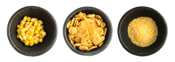 Dry Corn Flakes Heap in Black Iron Bowls