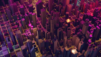 Cityscape on a dark background with bright and glowing neon purple and blue lights. 3d rendering.