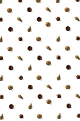 Pine cone Christmas background on white. Pine branches and cones. minimal creative cone arrangement pattern. flat lay, Modern christmas Background.